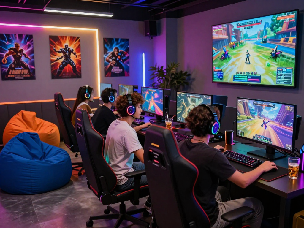Engaging AI roleplay gaming scene with diverse players in a futuristic lounge.