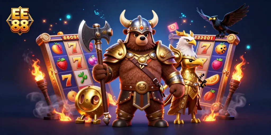Engage with the exciting world of EE 88 through a vibrant 3D casino scene filled with slot reels and adventure.
