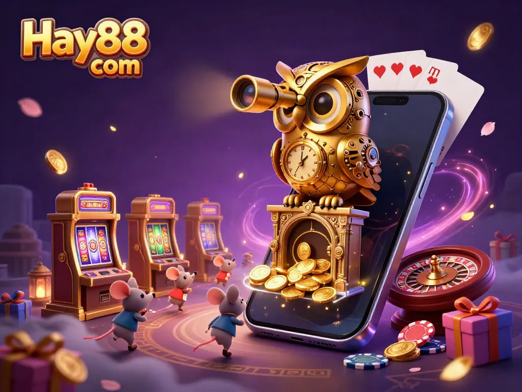 Experience exciting gameplay at Hay88 com with a golden owl observing a lively casino scene filled with dynamic wagers.