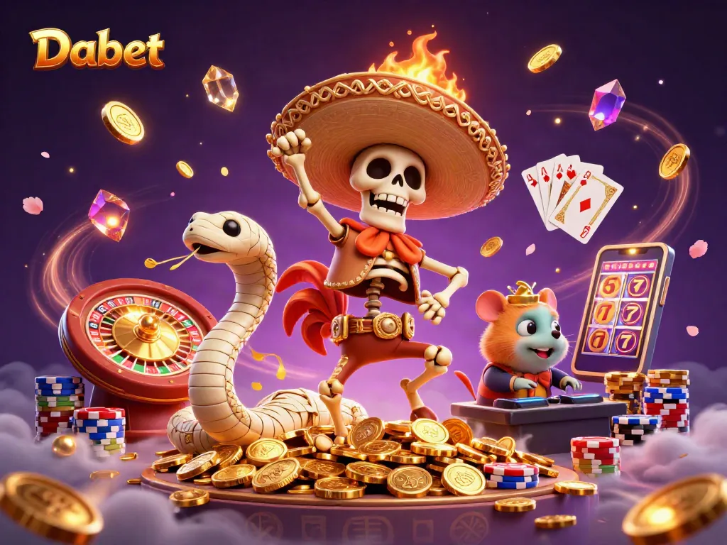 Dabet casino illustration featuring a mariachi rooster, mummy snake, and hamster DJ celebrating with coins and cards.