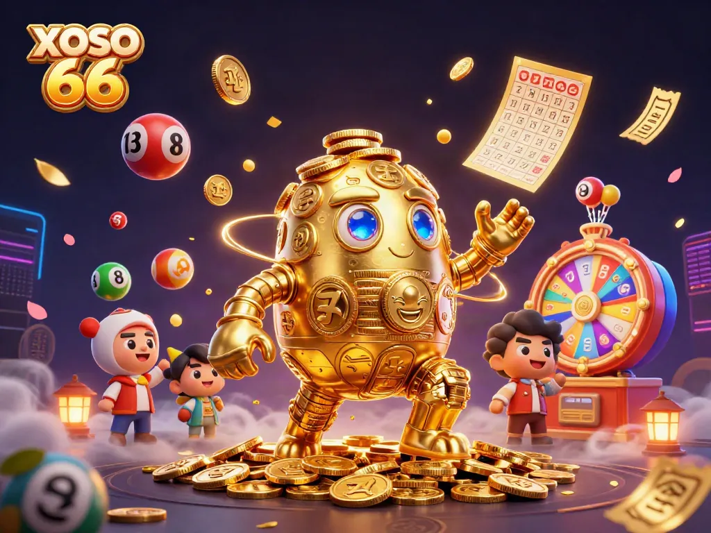 Experience the excitement of XOSO 66 with a vibrant, dynamic 3D casino scene full of animated elements.