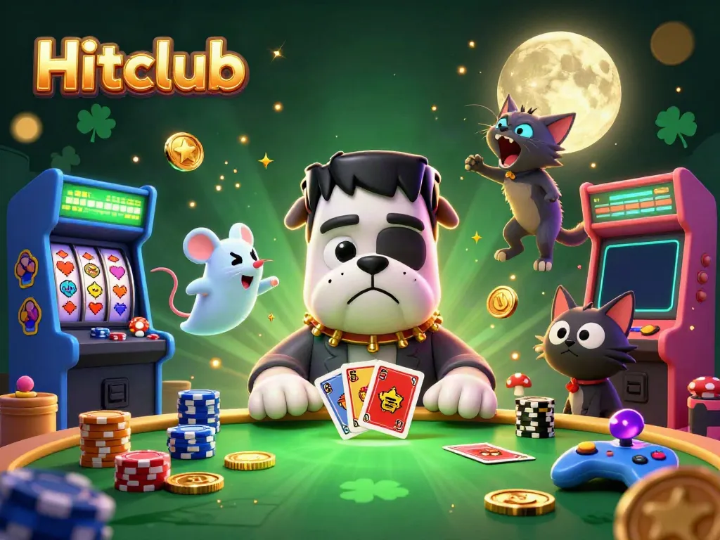 Experience the thrill of Hitclub as a Frankenstein bulldog deals cards at a lively casino table.