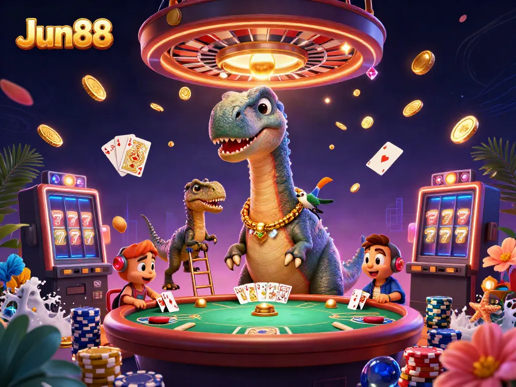 Jun88 offers a vibrant casino experience with dynamic 3D elements, showcasing excitement and potential winnings.
