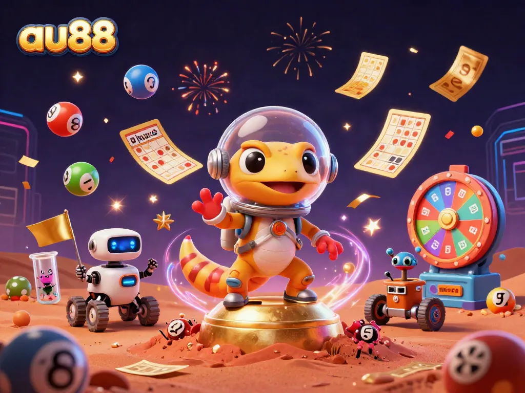 Discover the excitement at au88 with a Martian gecko exploring a golden casino in a dynamic 3D scene.