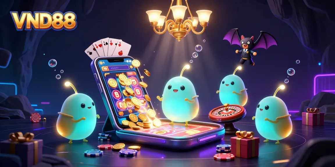 Experience the vibrant gaming atmosphere at VND88 with bioluminescent glowworms lighting up the casino environment.