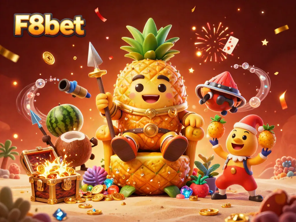 Join the fun at F8bet with a vibrant 3D casino scene featuring a golden pineapple king and lively characters.