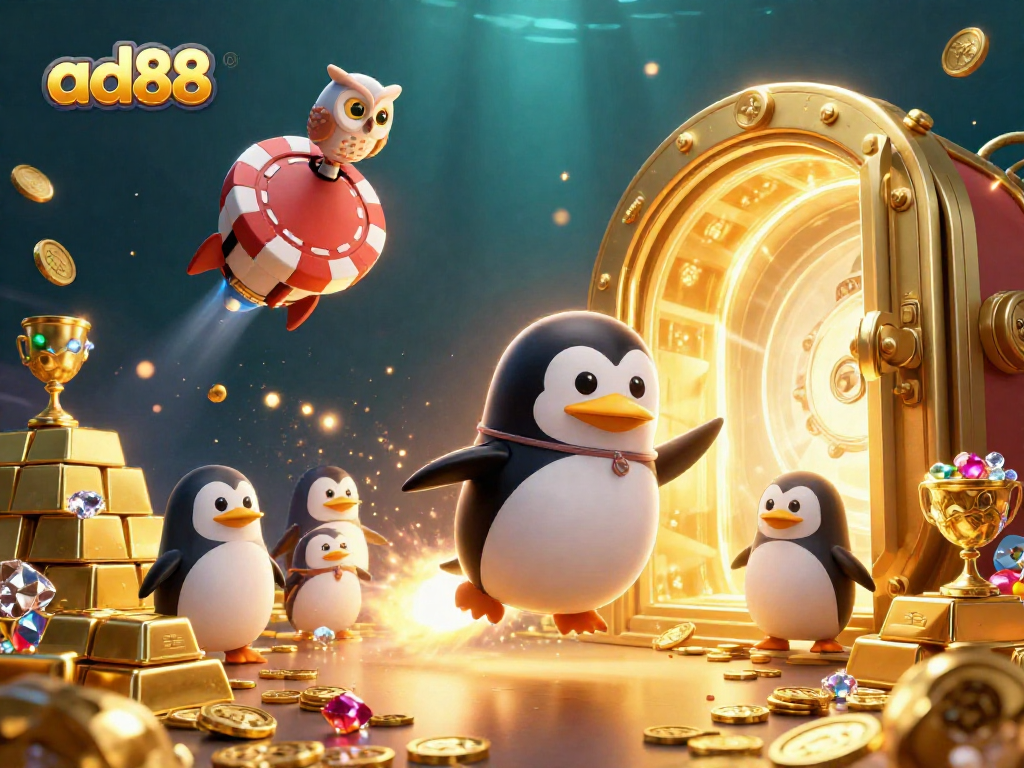 Experience thrilling gaming action at ad88 with a rocket-powered penguin and casino treasures.