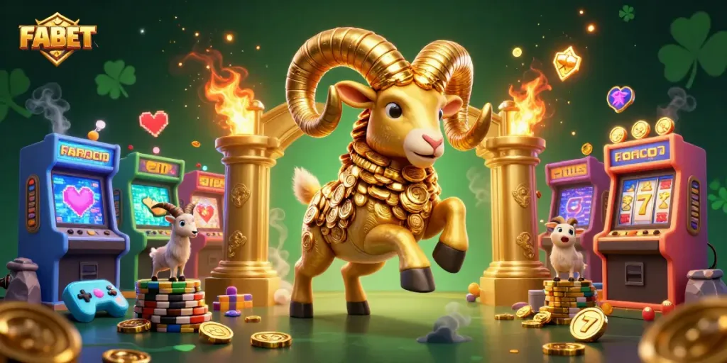 Experience the thrill of FABET with a dynamic 3D illustration featuring an epic golden ram representing casino excitement.