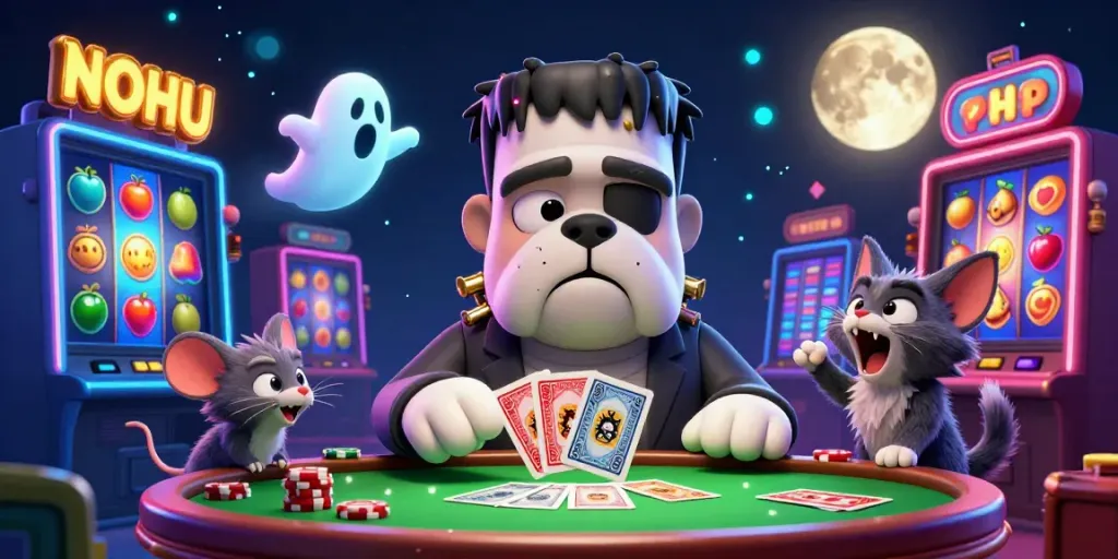 Experience NOHU's dynamic casino atmosphere with a cartoon bulldog dealer, ghost mouse, and vibrant slot machines.
