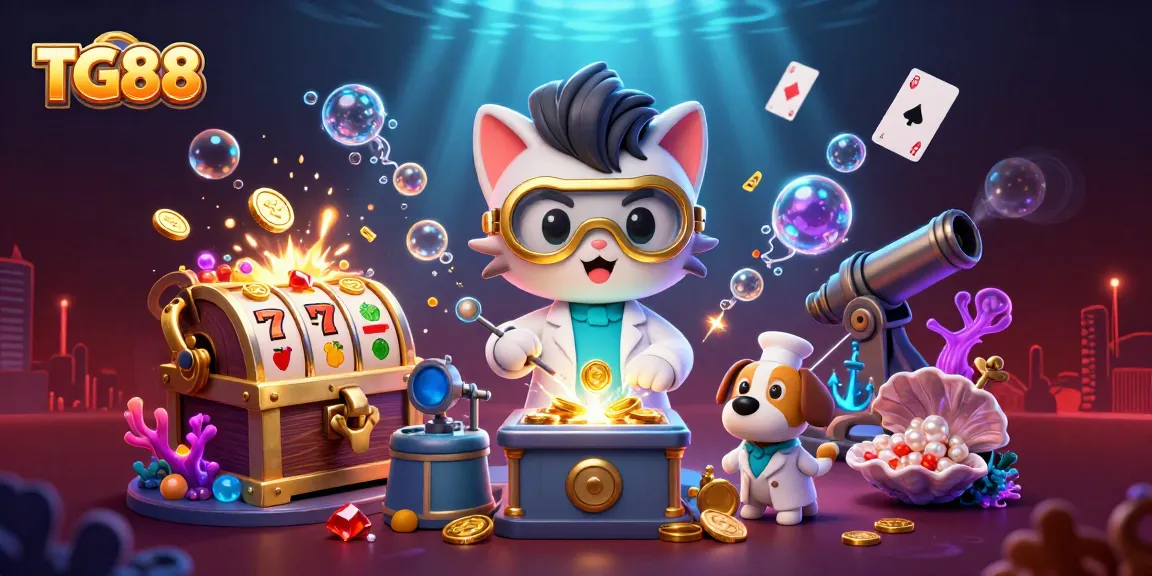 Spin the TG88 slot reels while exploring gold treasures and unique game elements in a vibrant casino scene.
