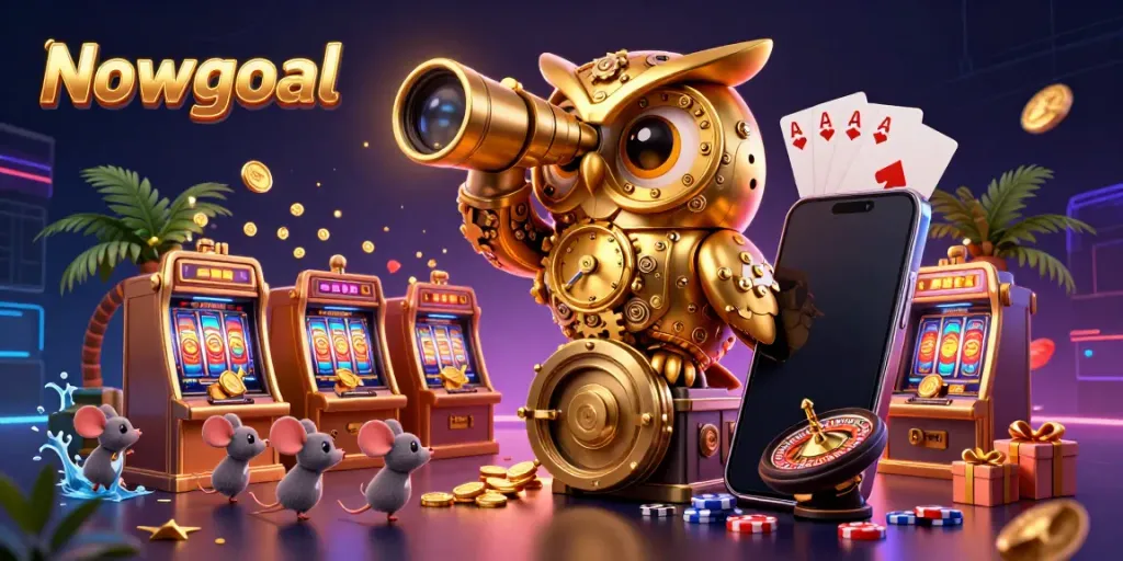 Experience thrilling moments with Nowgoal's vibrant slot machines and dynamic casino elements in a captivating 3D illustration.
