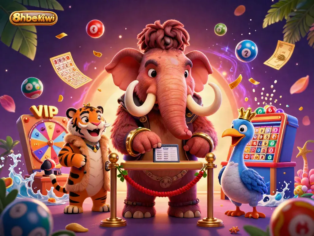 Experience excitement with 8xbetkiwi at the vibrant casino door featuring a mammoth bouncer and a saber-tooth tiger guest.