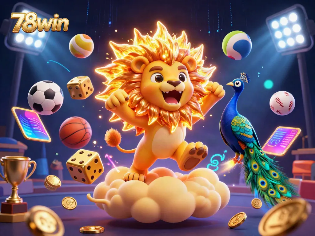 Experience thrilling casino gameplay with 78win's dynamic 3D illustration featuring iconic characters and sports elements.