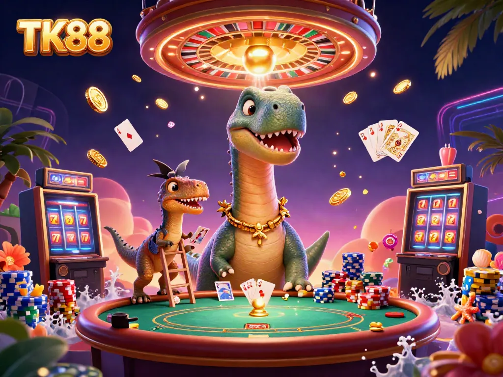 Engage with TK88's thrilling casino experience featuring a vibrant 3D scene of playful characters and dynamic gambling elements.