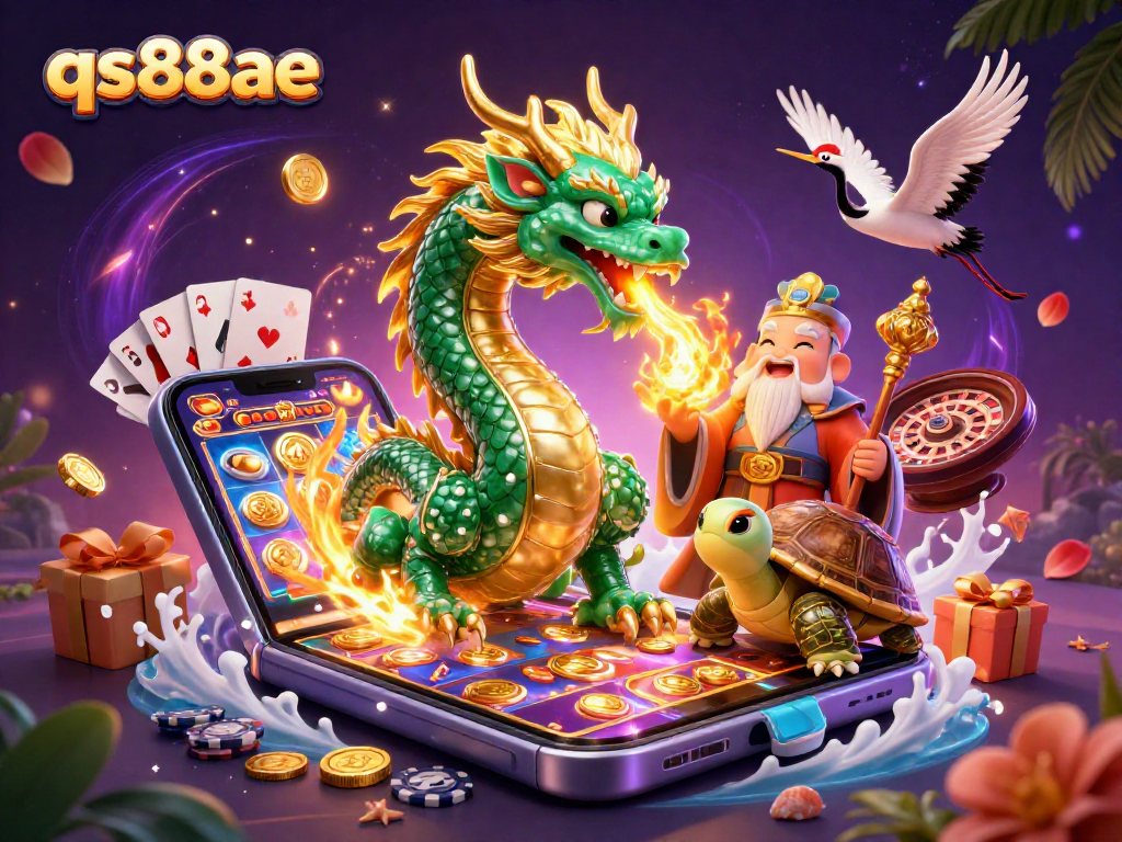 Engage with the vibrant world of qs88ae, where a jade dragon, sage turtle, and lucky cranes celebrate thrilling casino games.