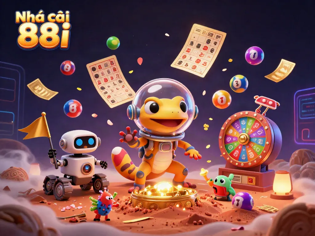 Experience the excitement of Nhà cái 88i with a Martian gecko discovering a buried golden casino amidst vibrant gaming elements.