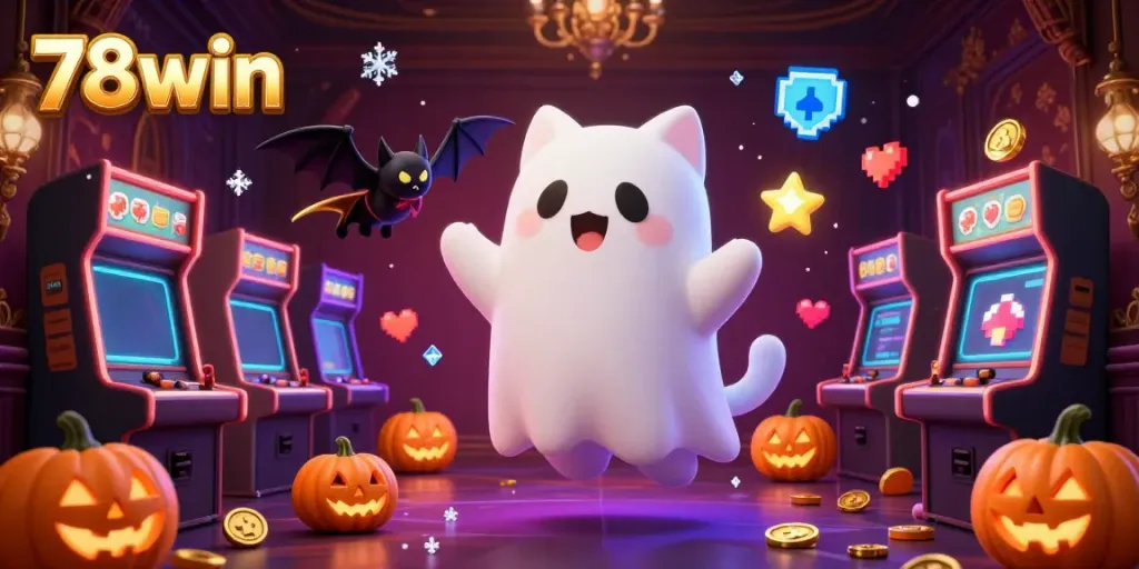 Experience the vibrant casino atmosphere with 78win's ghost cat and bat companions amidst glowing slot machines and arcade games.