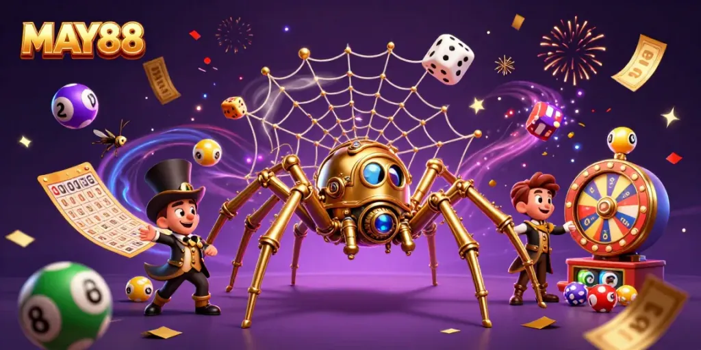 Experience the thrill of MAY88 with a steampunk spider weaving luck in a vibrant casino scene.