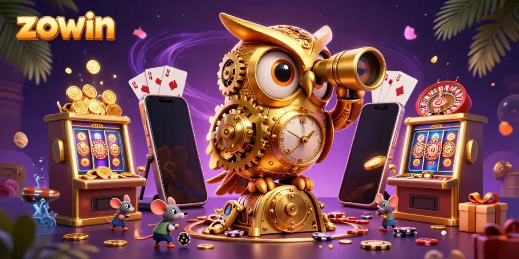 Experience the thrill of ZOWIN at a vibrant casino with colorful slot games and characters.