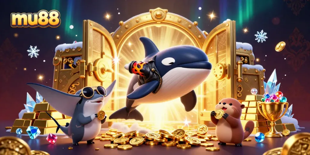 Experience exciting wins at mu88 with lively 3D characters in a vibrant casino treasure scene.