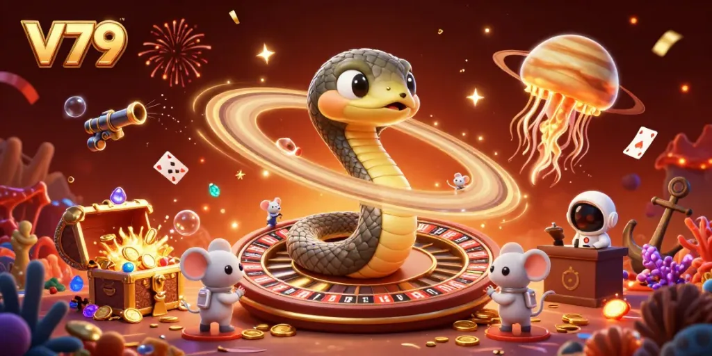 Hình ảnh sống động của V79 với nhân vật 3D đang chơi roulette giữa không gian