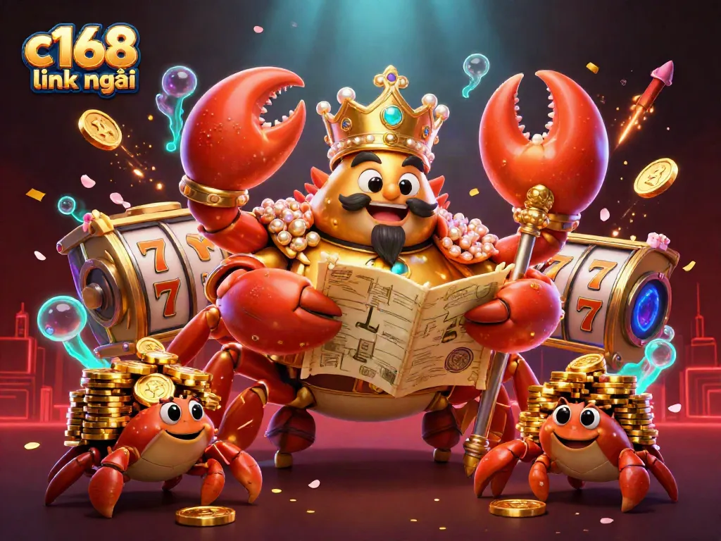 Experience the c168 link mới with a vibrant 3D casino scene highlighting gaming elements and an emperor crab.