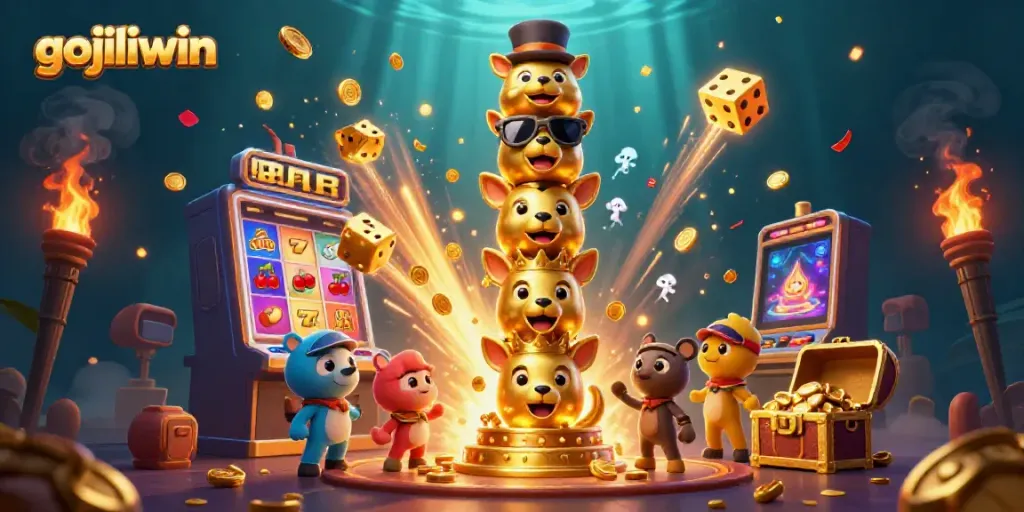 Experience jackpot excitement with gojiliwin's vibrant 3D casino illustration packed with game symbols.