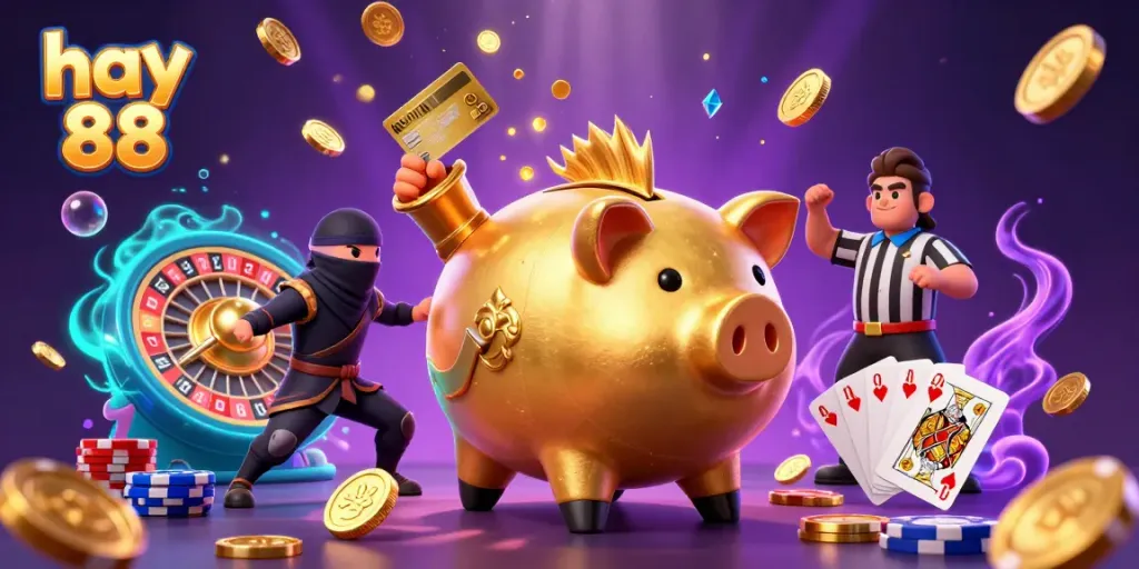 Join the fun at hay 88 with dynamic 3D casino characters battling amidst cascades of golden coins and vibrant gaming elements.