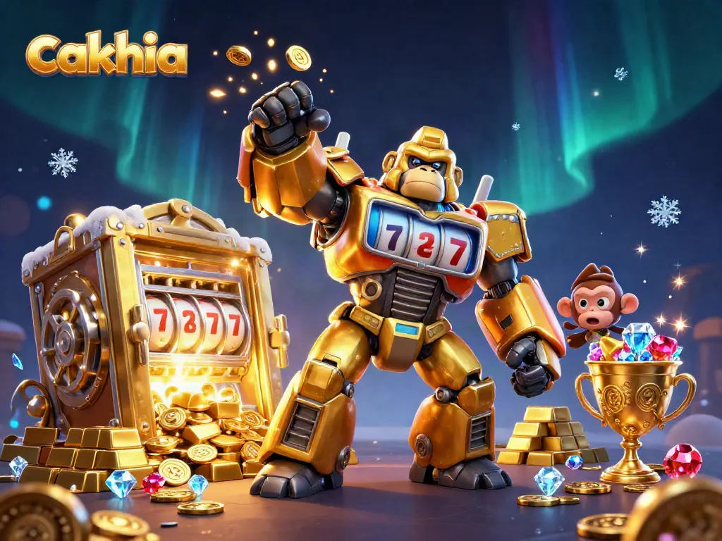 Cakhia transforms the gaming world with vibrant gorilla mech and colorful slot reels in action.