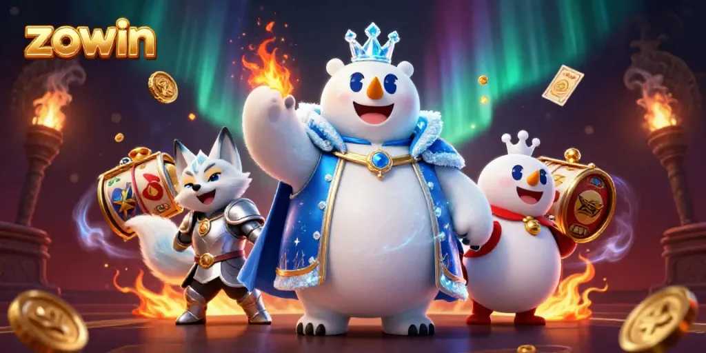 Experience the excitement at Zowin casino with a vibrant illustration of a polar bear king and his fox companion.