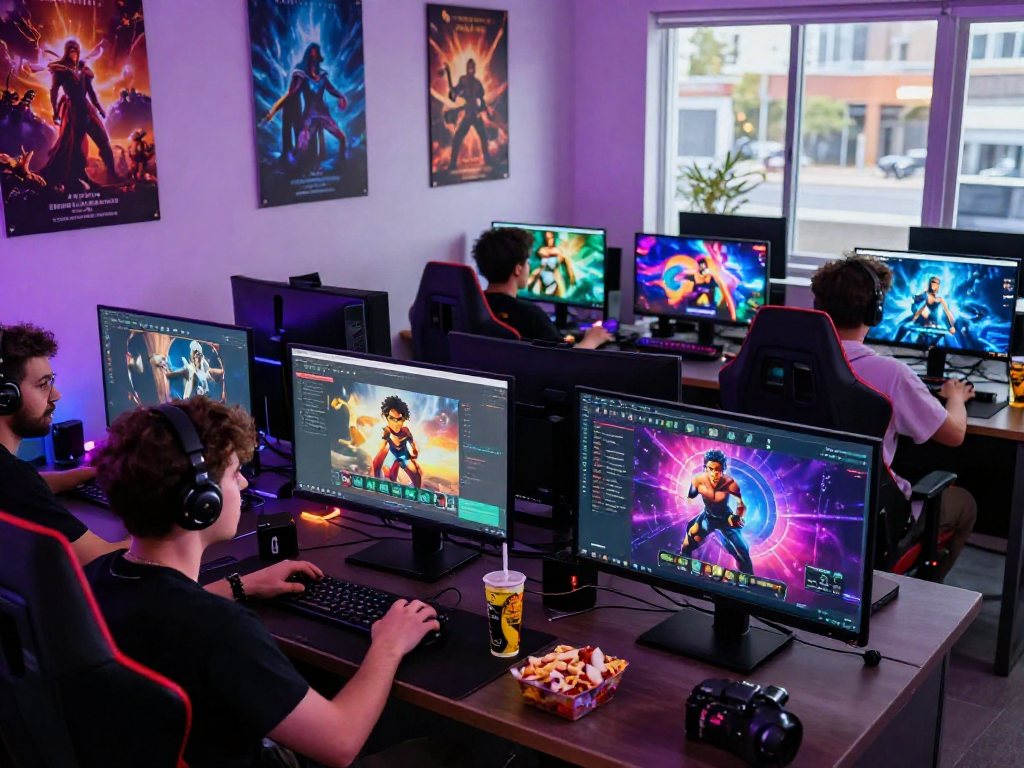 Exciting scene of players engaged in transformation porn games at vibrant gaming stations, showcasing dynamic online gaming action.