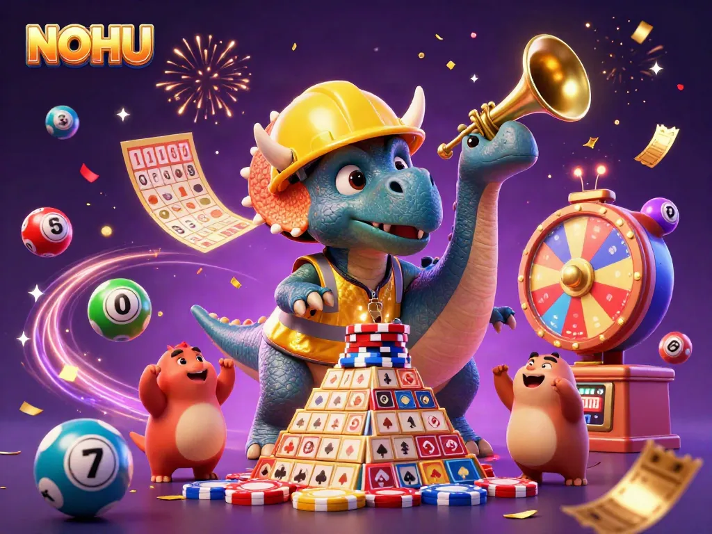 Celebrate at NOHU with a vibrant casino scene filled with cheerful characters and dynamic gaming elements.