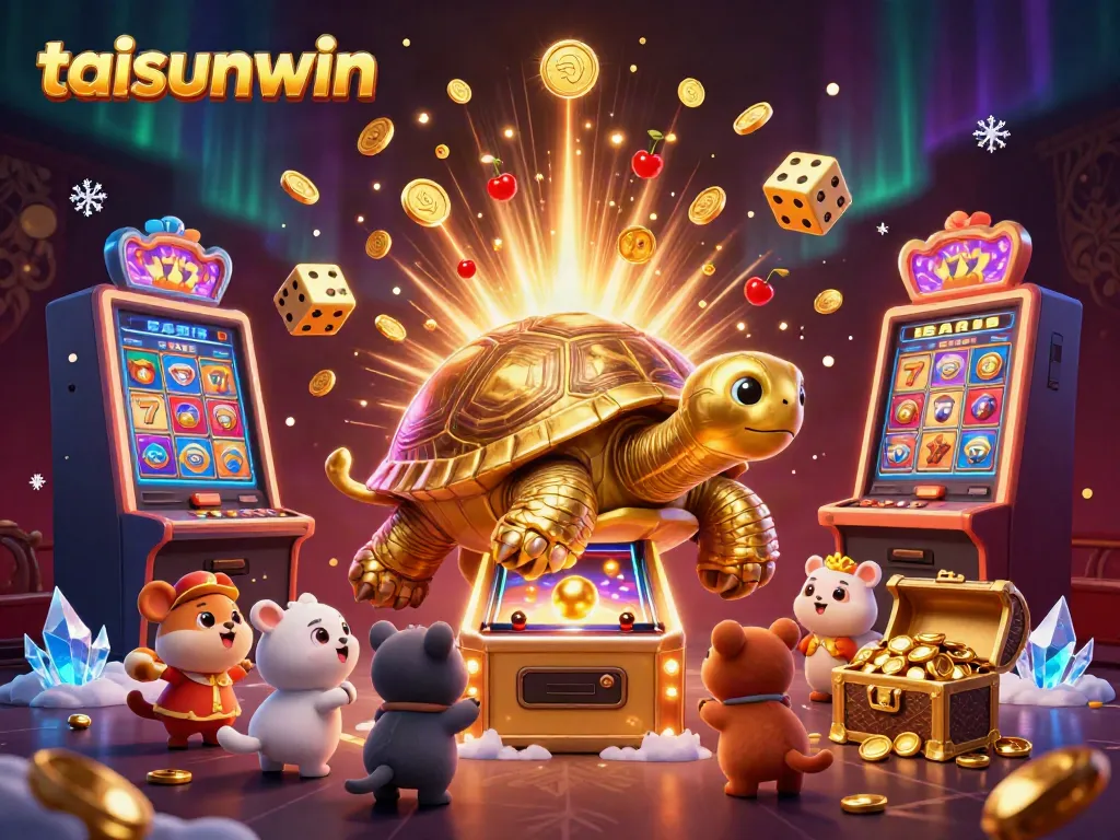 Engage with the thrilling world of taisunwin, featuring a giant golden tortoise as a pinball machine amidst exciting casino elements.
