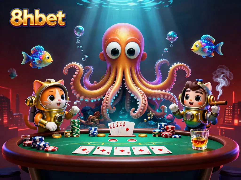 Engage with 8xbet's thrilling gaming scene featuring a kraken, diving cat, and poker elements.