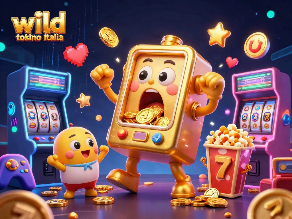 Experience wild tokyo casino italia with a cartoon slot machine hitting a jackpot amidst colorful arcade elements.