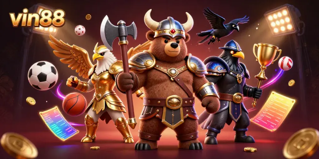 Experience the excitement of vin88 with an action-packed illustration featuring a Viking bear and a Valkyrie eagle surrounded by sports elements.