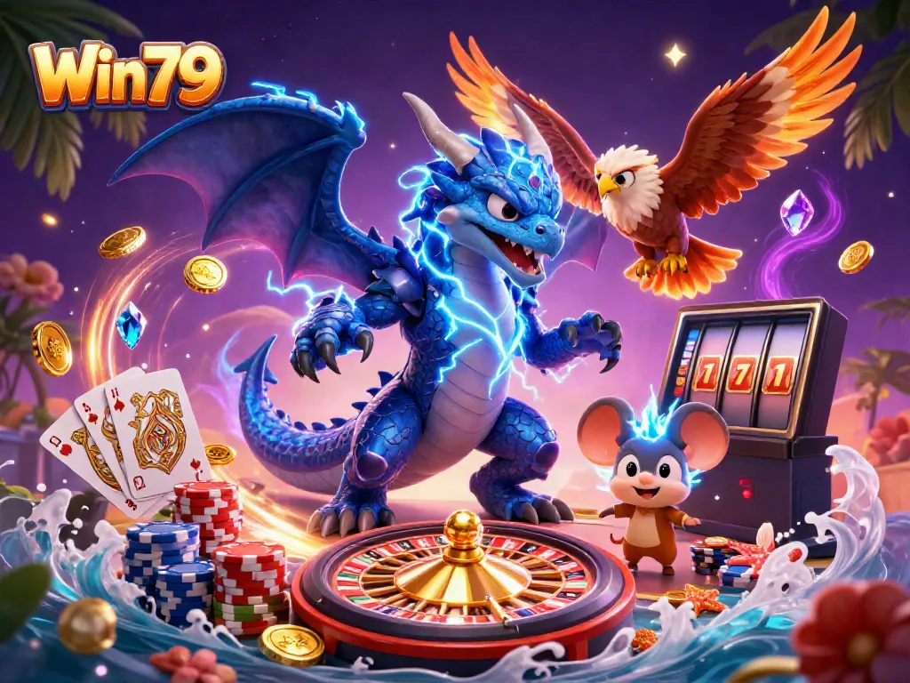 Win79 showcases thrilling casino action with a thunder dragon and electric elements in this captivating illustration.