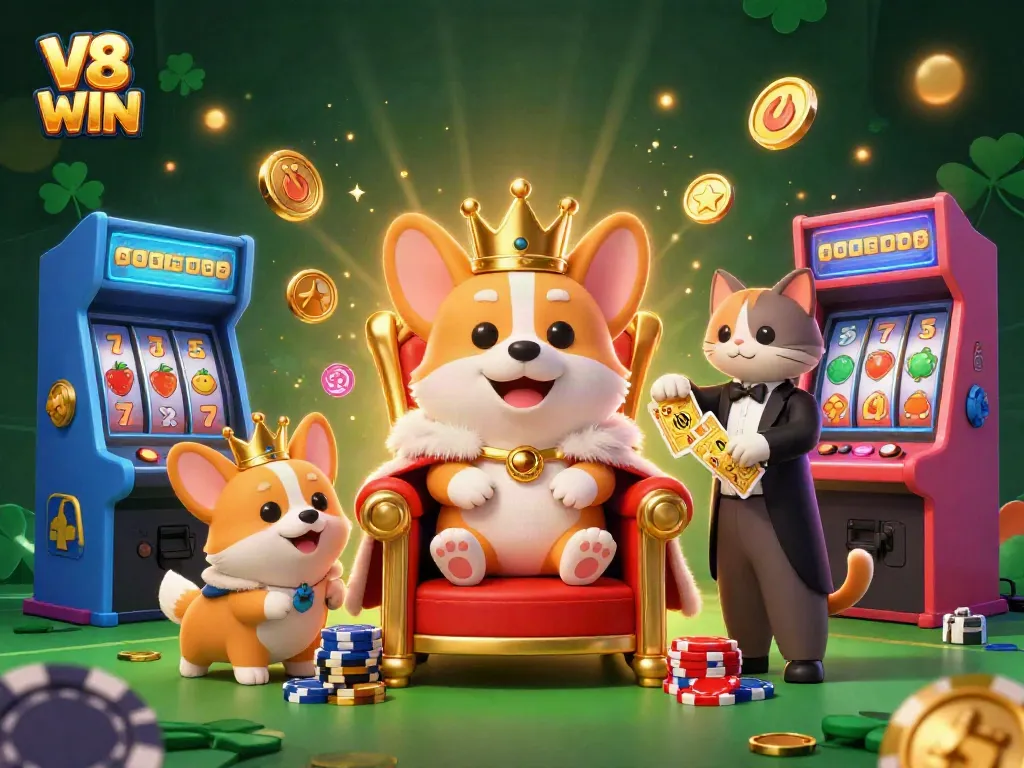 Conquer slots and jackpots with V8 WIN in this vibrant, royal gaming scene.