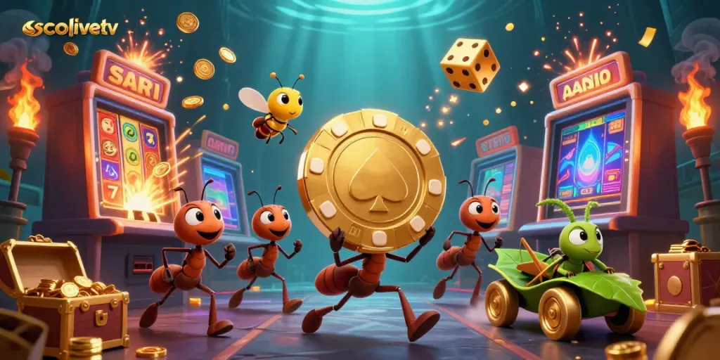 Experience an exciting scene of a heist with ants carrying a giant poker chip, showcasing socolivetv.