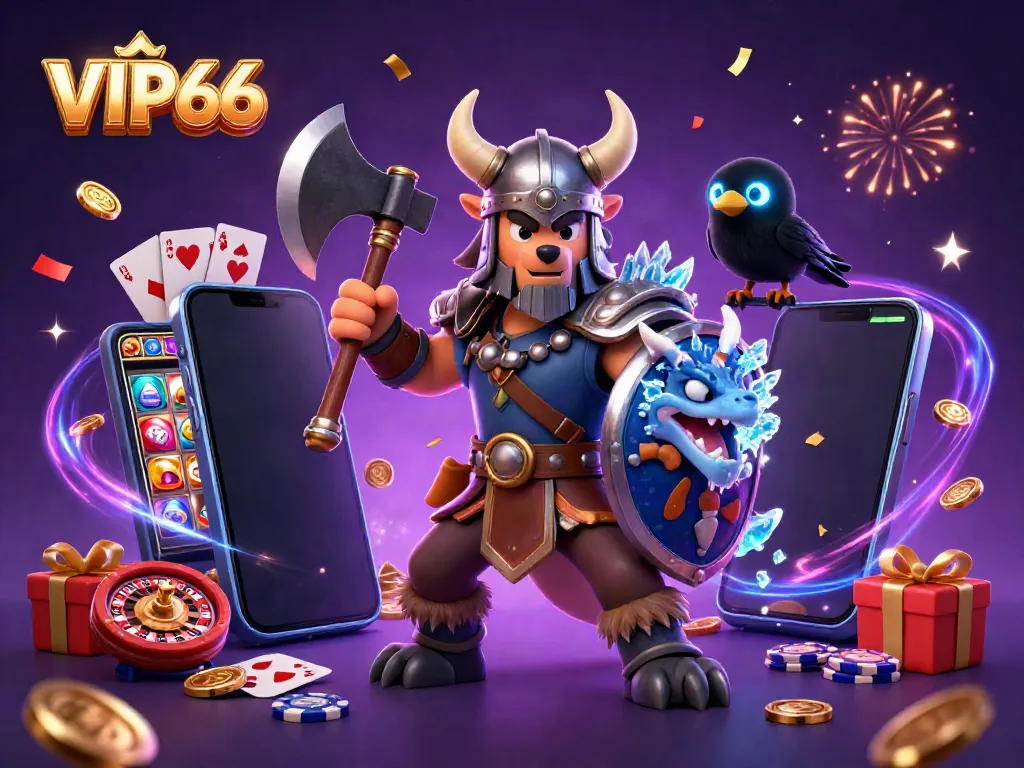Experience the excitement of VIP66 with a Viking wolf warrior, dragon, and dynamic casino elements.