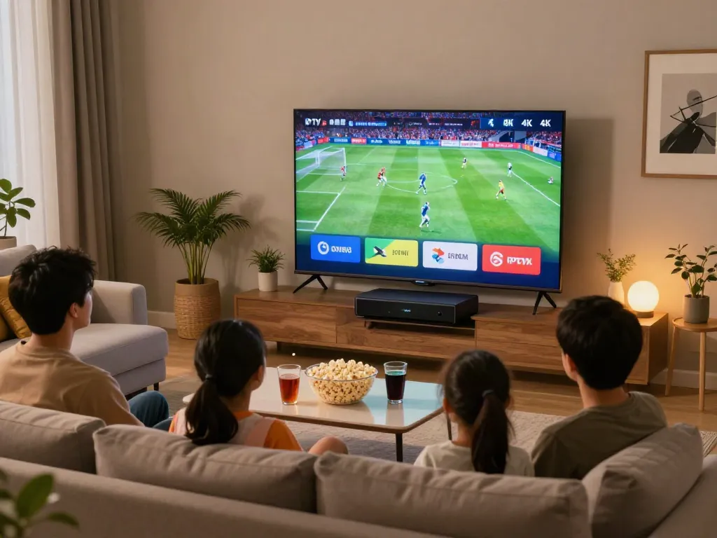Miglior IPTV service showcased in a modern living room with family watching football in 4K.
