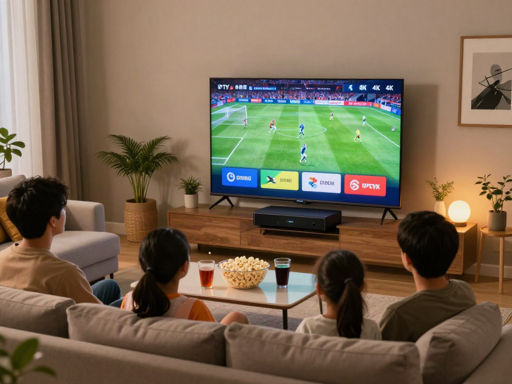 Miglior IPTV service showcased in a modern living room with family watching football in 4K.