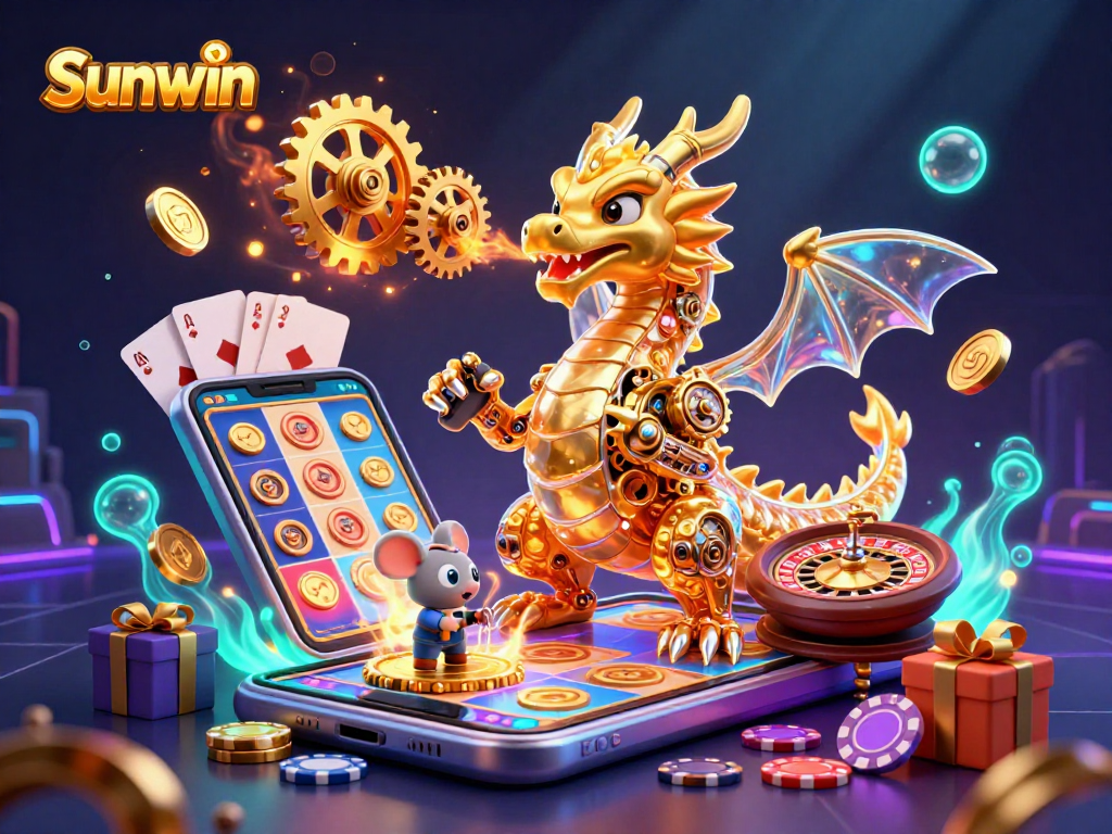Experience thrilling wins with Sunwin, showcasing a golden dragon and smartphone in an exciting gambling scene.
