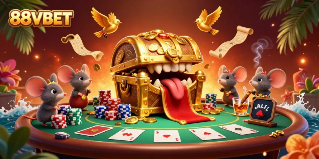 Experience the thrill of 88VBET in a dynamic gaming scene featuring animated characters and poker elements.