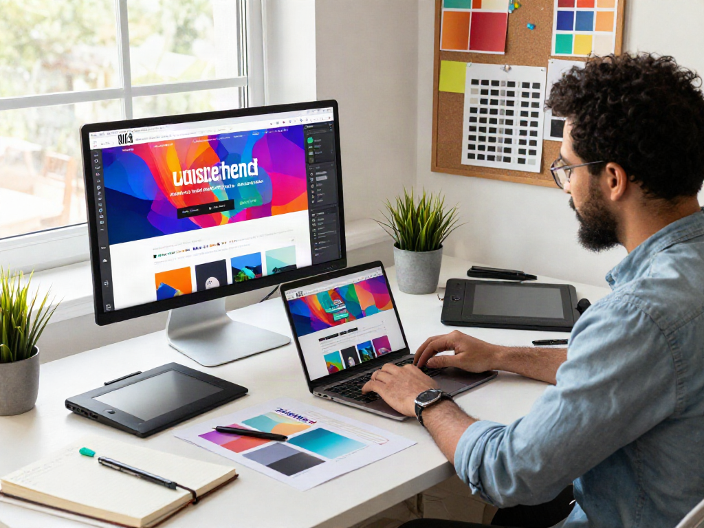 Sanumwebdesign: Designer che lavora in un moderno ambiente di design web.