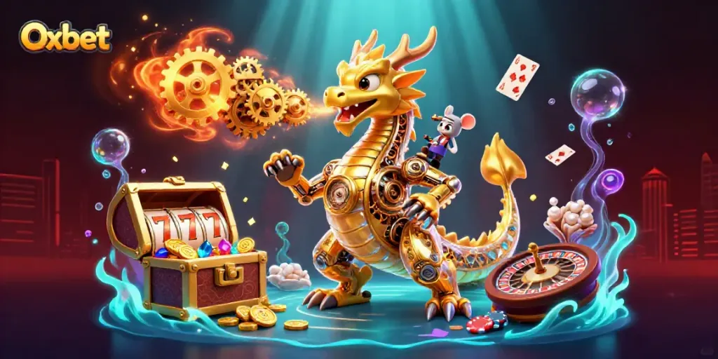 Engage with Oxbet's dynamic casino gaming experience featuring a golden dragon and slot elements.