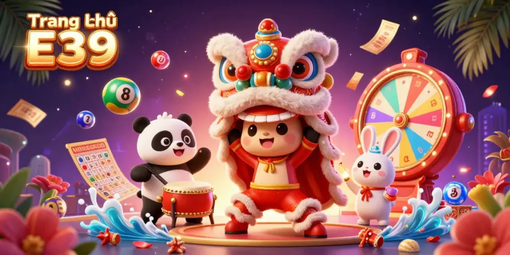 Experience the thrill of Trang Chủ E39 with a vibrant 3D casino scene showcasing lucky charms, games, and festive decorations.
