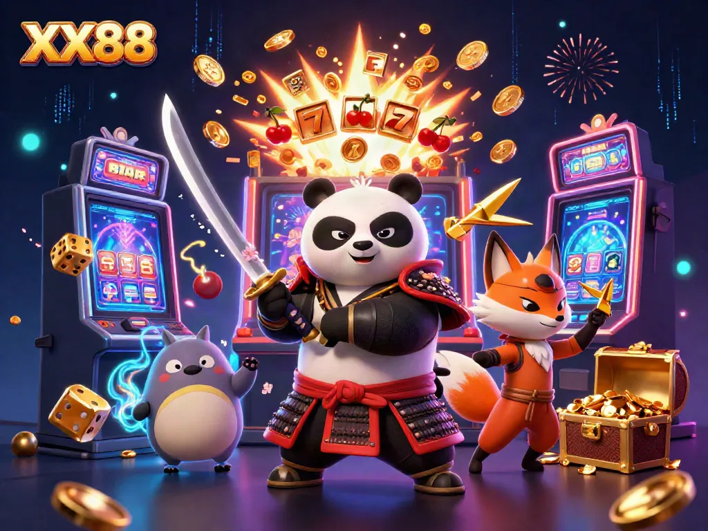 Experience the thrill of gaming with XX88 as a samurai panda and ninja fox celebrate a jackpot explosion.