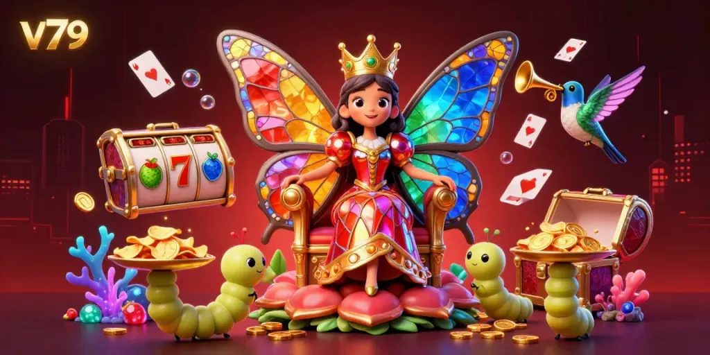 Experience the vibrant world of v79 with a captivating butterfly queen and casino elements.
