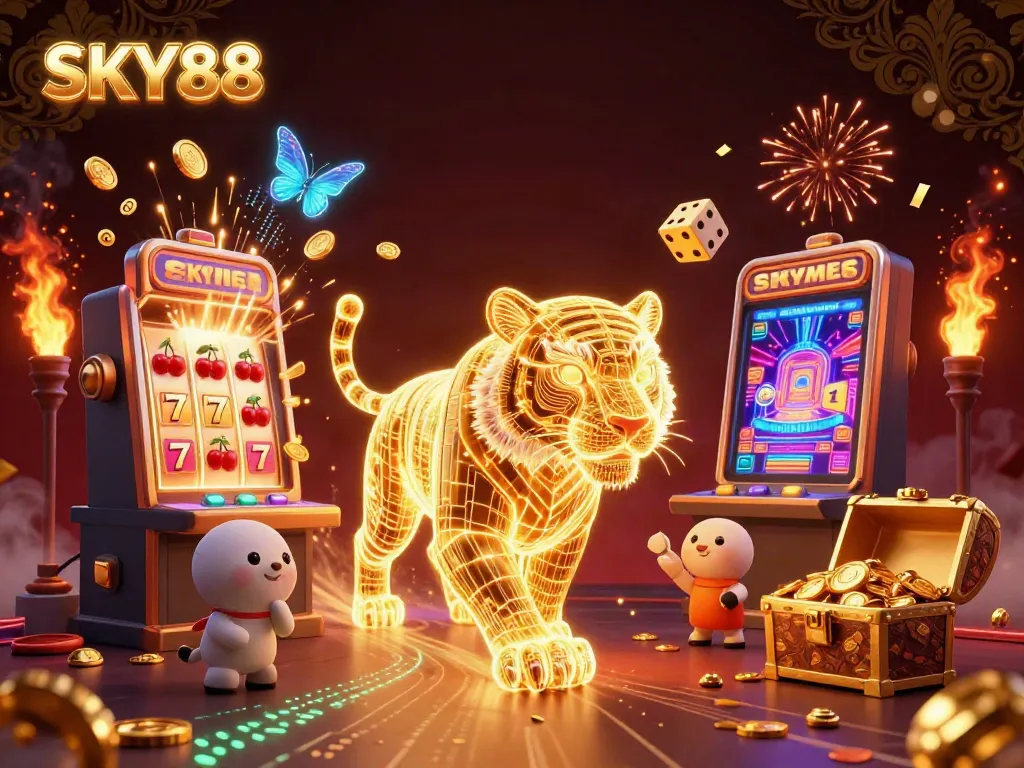 Experience excitement with SKY88 in a vibrant casino scene featuring a neon tiger and jackpot elements.